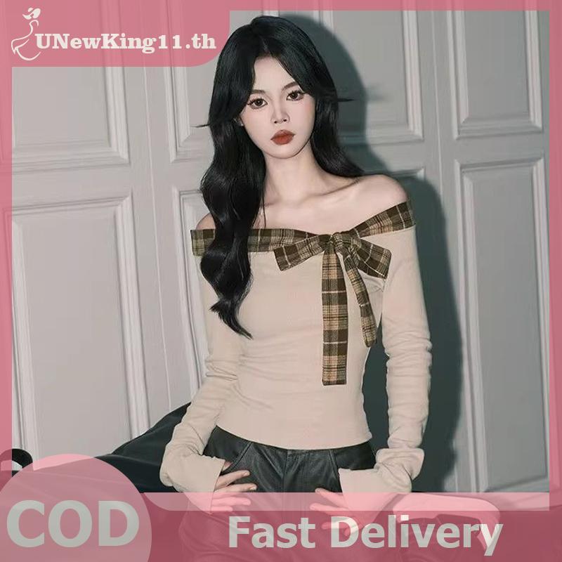 เสื้อยืด slim-fit retro ไหล่เดียว ลายสก๊อตและbow top แบบpatchwork