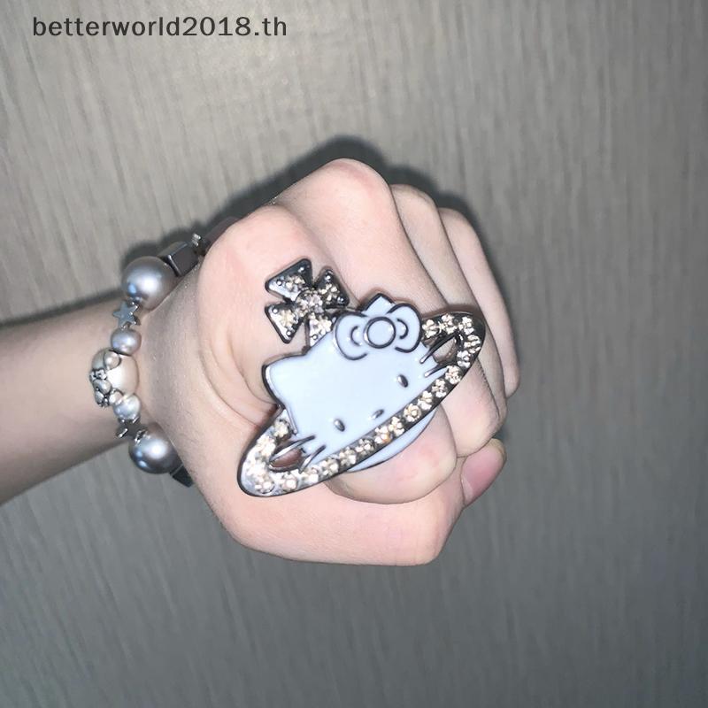[bet] Y2K น่ารัก Hello Kitty Cat เปิดแหวนโรแมนติกหวาน Rhinestone แหวนนิ้วมือผู้หญิงแหวนปรับเครื่องปร