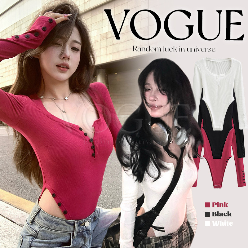 Vogue🌟พร้อมส่ง🌟 ชุดบอดี้สูท เสริมฟองน้ำ ทรงรัดรูป ผ้าร่องเล็ก สไตล์สาวเท่ (FY8725)