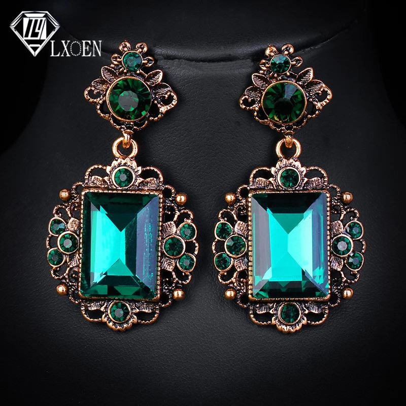 LXOEN Vintage Ethnic Green Stone Drop Earrings for Women with Square Crystal Earings Gift Oorbellen 