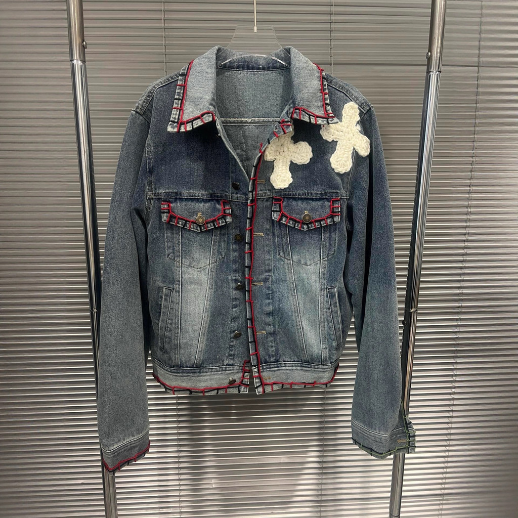 N0MH 2025Early Autumn New Handmade Cross Flower Denim Jacket for Women Trendy Cool Washed Open Stitc