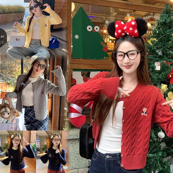 mimi&didi#เสื้อไหมพรมแจ็คเก็ตคาร์ดิแกนถักชุดคริสต์มาสสีแดงแขนยาวสำหรับผู้หญิง ปักลายหัวใจ สวมทับด้วย หวานและน่ารัก#X047