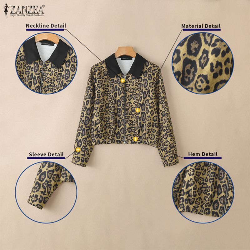 ZANZEA เสื้อแจ็คเก็ตแขนยาวมีฮู้ด ลายเสือดาว สำหรับผู้หญิงสไตล์เกาหลี — صورة 7