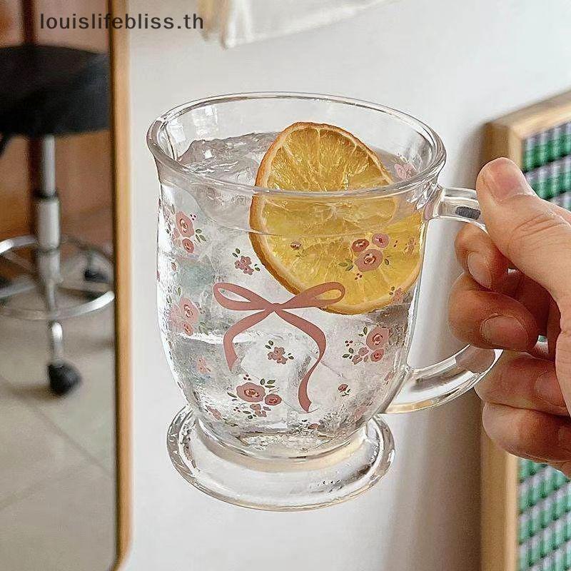 Louislifebliss Bow Glass ถ้วยน้ําน่ารักการ์ตูนโบว์ถ้วยแก้วลายน่ารัก Doodle แก้วกาแฟในครัวเรือนผลไม้ชา Lemonade Girls ของขวัญใหม่