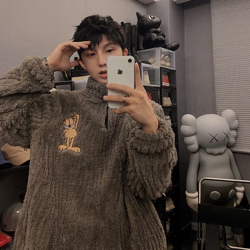 ชุดนอนผู้ชายขนแกะปะการังหนาแบบHalf-Zip สำหรับวัยรุ่นลายการ์ตูน Garfield
