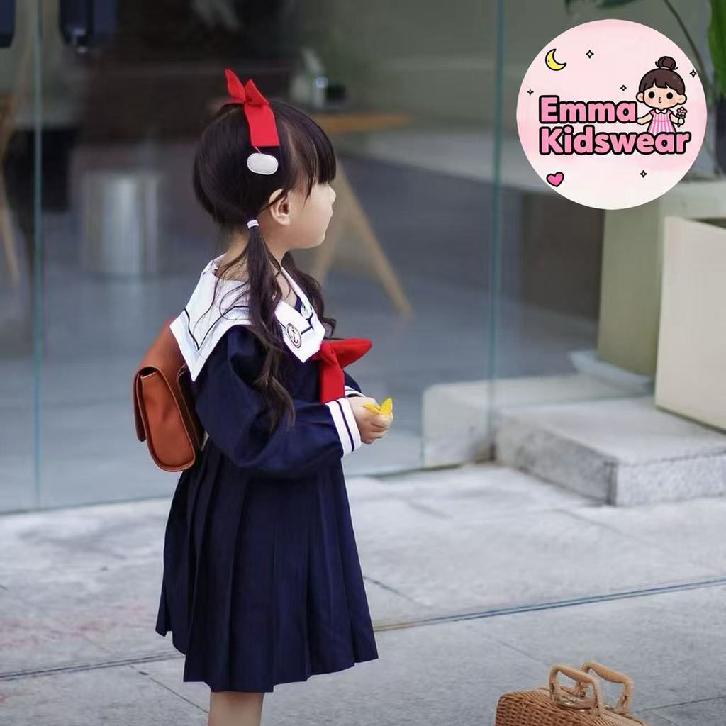 💗EK👧🏻สไตล์ญี่ปุ่น ชุดนักเรียนอนุบาล สําหรับเด็กผู้หญิง ชุดเดรสแขนยาว สไตล์กองทัพเรือ โบว์สีแดง🚀 - รูปที่ 2