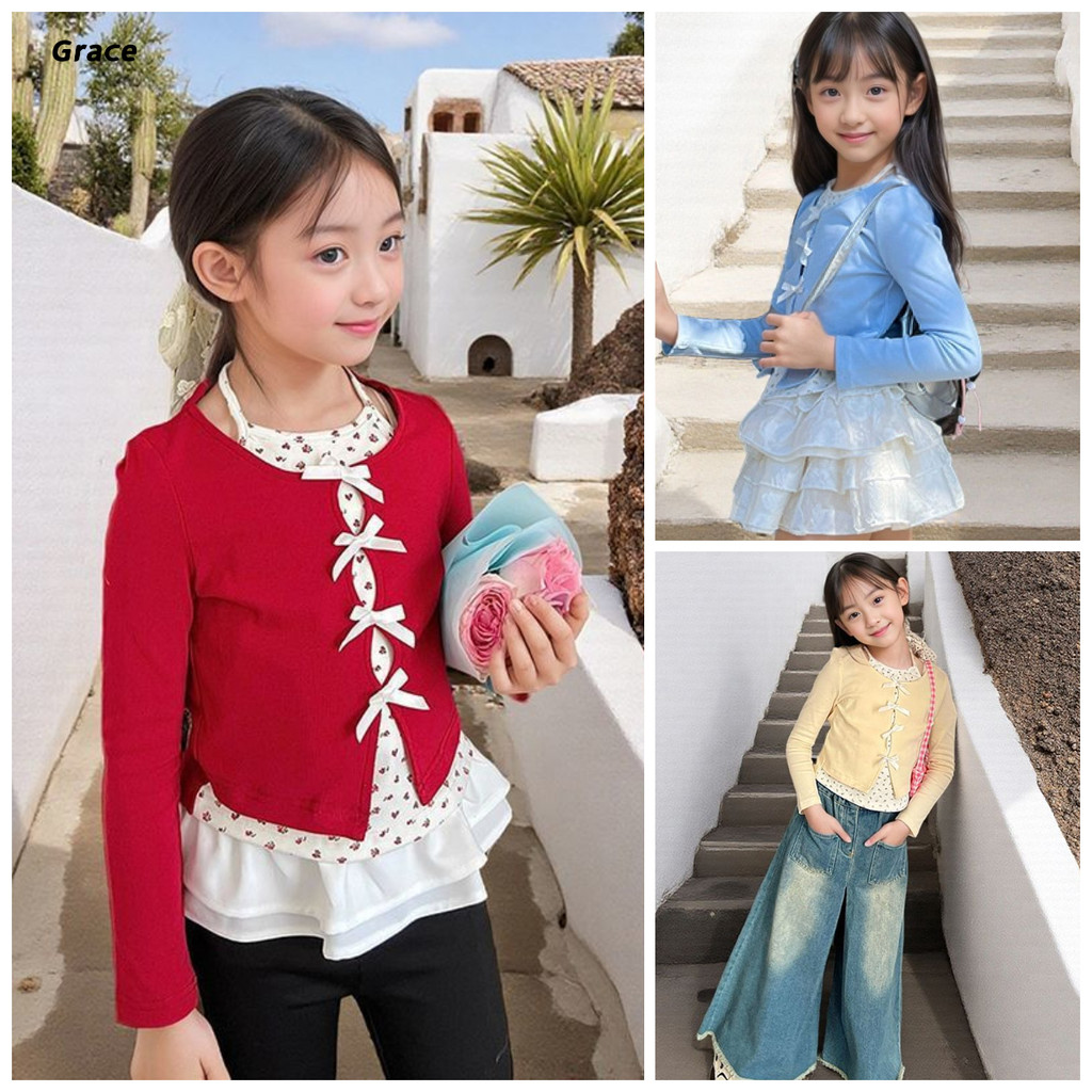 [Grace] (คลังสินค้าพร้อม) เสื้อสเวตเตอร์เด็กผู้หญิงฤดูใบไม้ร่วงฤดูหนาว Uniqlo เสื้อแขนยาวผู้หญิง GRL