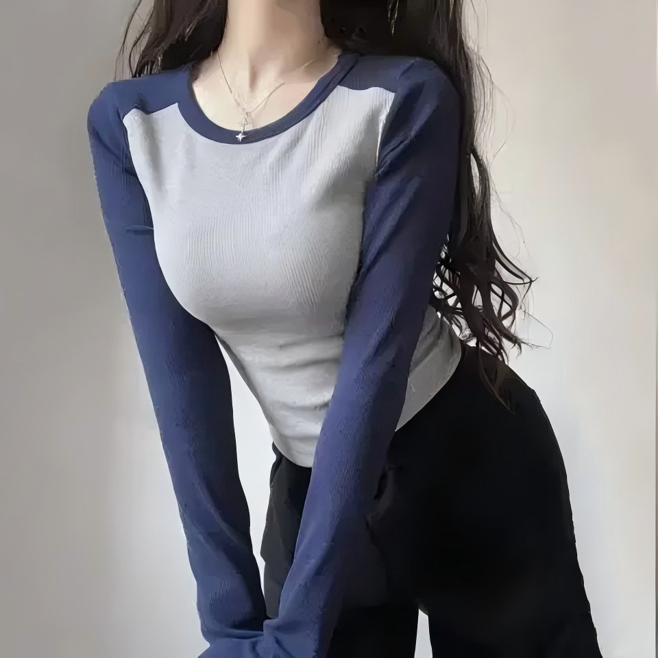 เกลียวแขนยาวเสื้อยืดผู้หญิงฤดูใบไม้ผลิฤดูใบไม้ร่วงบางสไตล์ Raglan ไหล่ Slim-fit Slimmer ดูรอบคอ West