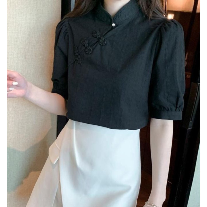เสื้อชีฟองสไตล์จีนสีดำ บางและแฟชั่นสำหรับฤดูร้อน