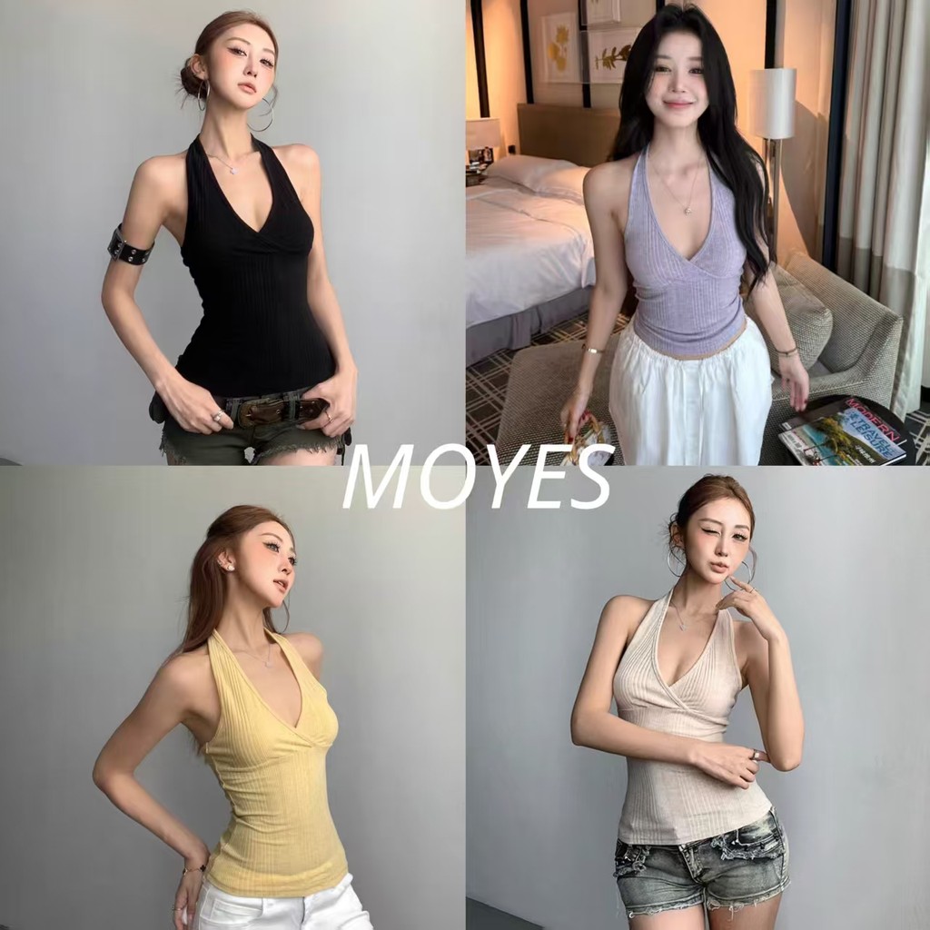 MOYES🔥ในสต็อก💗 เสื้อคอวีไขว้สุดเซ็กซี่สไตล์อเมริกันสำหรับผู้หญิง สไตล์ฤดูร้อนใหม่ ทรงเข้ารูป สวมใส่ได้หลากหลาย