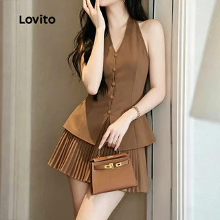 Lovito เสื้อเบลาส์หรือกระโปรงทรงหรู แบบติดกระดุมด้านหน้า จีบรอบเอว เหมาะสําหรับใส่ไปทํางานหรือใส่ลําลอง สไตล์ฤดูร้อน โทนสีกากี L190ED737
