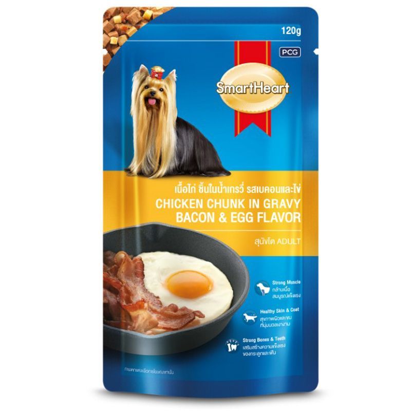 สมาร์ทฮาร์ทเพาช์เนื้อไก่ชิ้นในน้ำเกรวี่รสเบคอนและไข่ 120ก SmartHeartChickenBaconEgg120g [หมายเลขบาร์โค้ด 8850477018105 ]