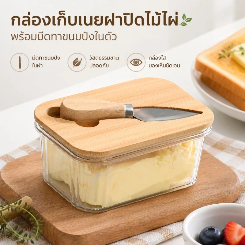 กล่องเก็บเนยPET ฝาไม้ไผ่ พร้อมมีดทาสแตนเลส ปิดซีลกันกลิ่น มีหลายขนาดให้เลือก