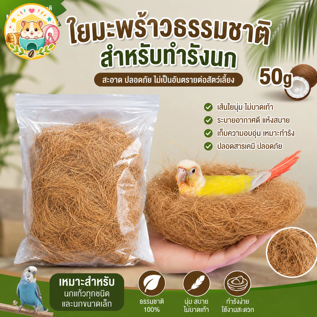 Hamster.lover ใยมะพร้าวทำรังนก 50g ใยมะพร้าวรองรังนกแก้ว นกขนาดเล็ก ธรรมชาติ 100%