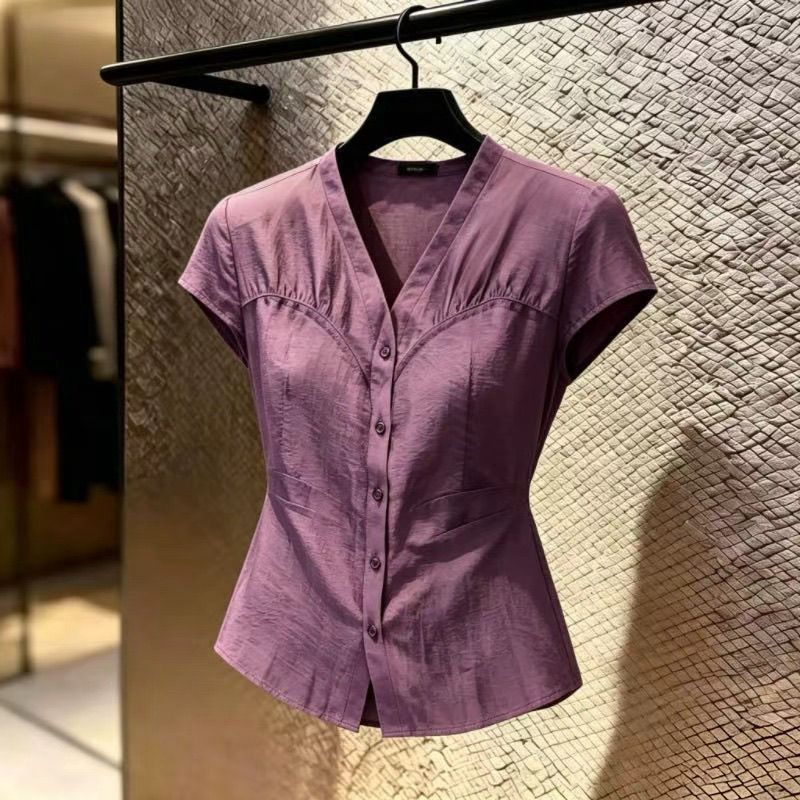 เสื้อคอวีสีม่วงทุกการแข่งขันอินเทรนด์ฤดูร้อนสไตล์ใหม่ผู้หญิงปุ่มเสื้อแขนสั้นด้านบนผู้หญิง