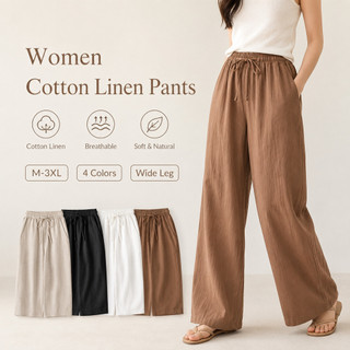 Womens Pants Wide Leg High Waist Linen Cotton Plus Size Summer Casual Retro Trousers