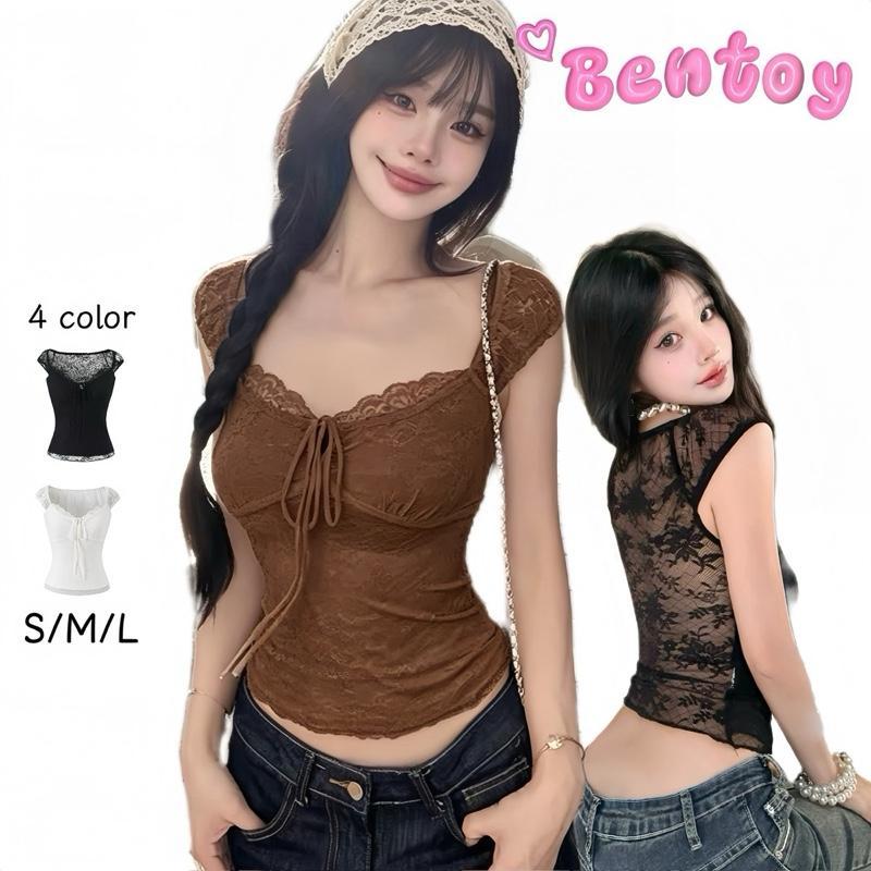 Bentoy พร้อมส่งในไทย เสื้อลูกไม้แบบสองชั้น หน้าวีลึกมีสายผูก รัดรูป พรางหุ่น สวยงาม9411