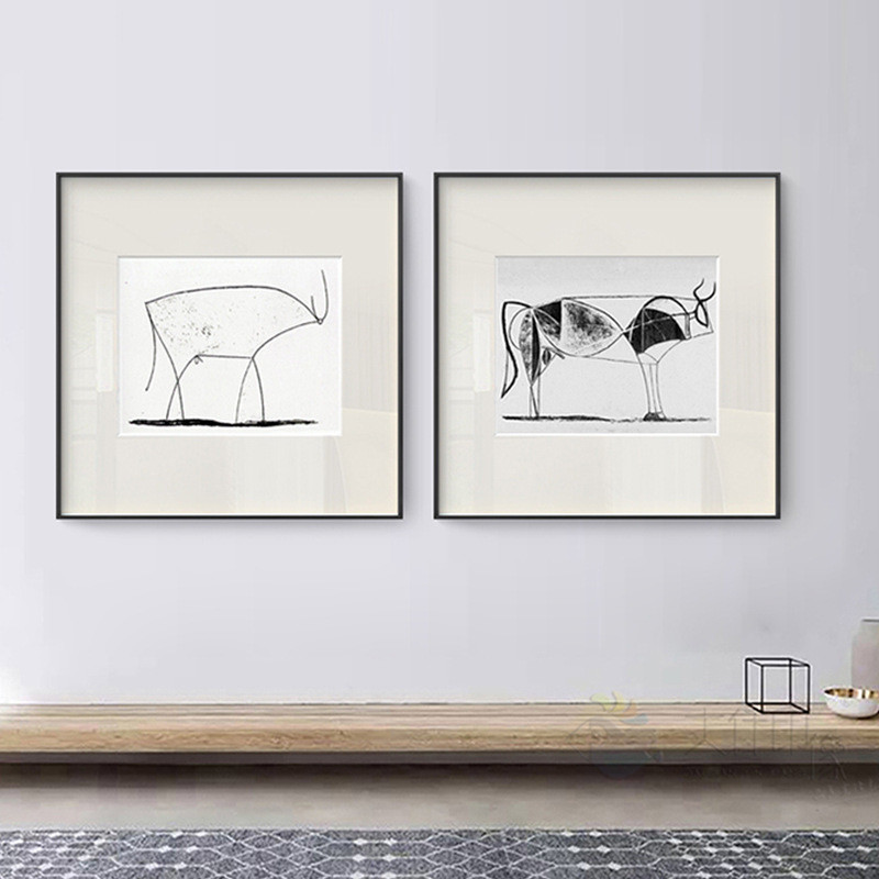 Picasso Abstract Line Niu Nordic Art สีดําสีขาวสัตว์ภาพวาดตกแต่งร้านอาหารภาพวาดโซฟาพื้นหลังผนังภาพวา