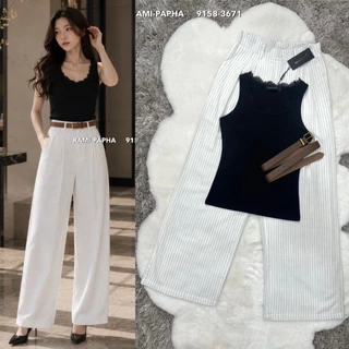 พร้อมส่ง S-XL⚡️RM 9158 ชุดเซ็ตผู้หญิง เสื้อยืดสีดำแต่งลูกไม้+กางเกงขายาวสีขาวลายริ้ว #สไตล์สาวเวียด2026