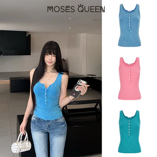 MOSESQUEEN โมเสสควีน เสื้อคล้องคอติดกระดุมทุกข์ย้อนยุคสไตล์อเมริกันสําหรับผู้หญิงใส่เป็นเสื้อตัวนอกดีไซน์คอยูไม่มีเส้น #63903
