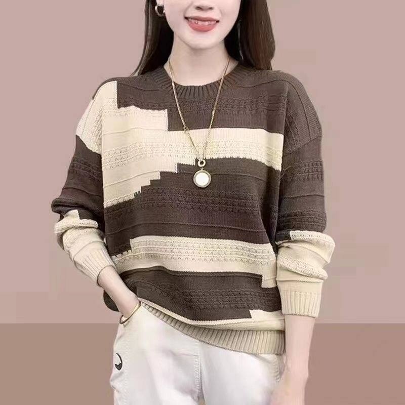 ผู้หญิงใหม่น้ําหนักเบาบล็อกสีรอบคอเสื้อสวมหัวถักเสื้อกันหนาว,หลวมพอดีนุ่มแขนยาวอเนกประสงค์สบายๆทุกวันชั้นด้านบน