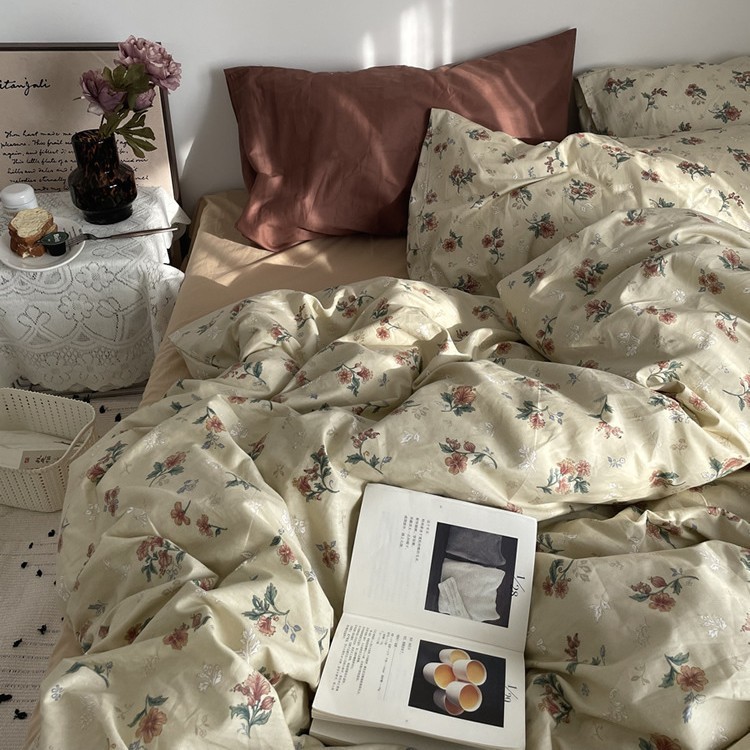 Vintage floral duvet cover, pure cotton bedding set, all-cotton duvet cover, solid color bed sheet, 