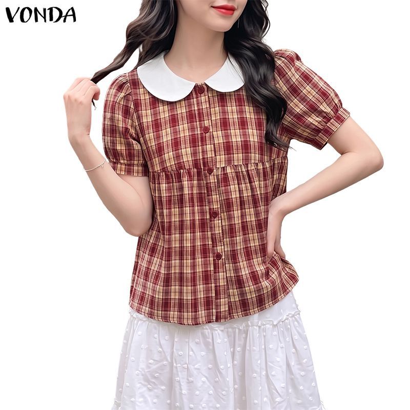 VONDA ผู้หญิงเกาหลีหวาน Preppy สไตล์ตุ๊กตาคอพัฟแขนปุ่มลายสก๊อต A-Line เสื้อ