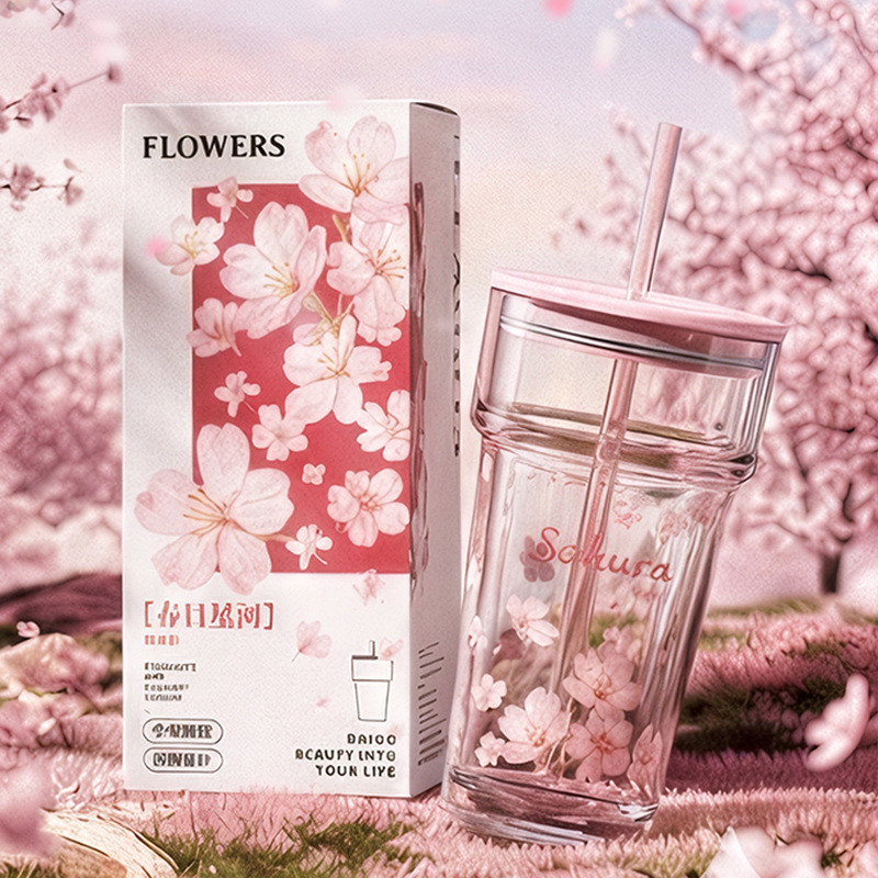 แก้วน้ำแก้วทนความร้อน 460ml พร้อมฝาปิดและหลอด ลายดอกซากุระและดอกไม้สีฟ้า แก้วกาแฟทรงสูงถอดล้างได้ สำหรับน้ำผลไม้และเครื่องดื่มประจำวัน