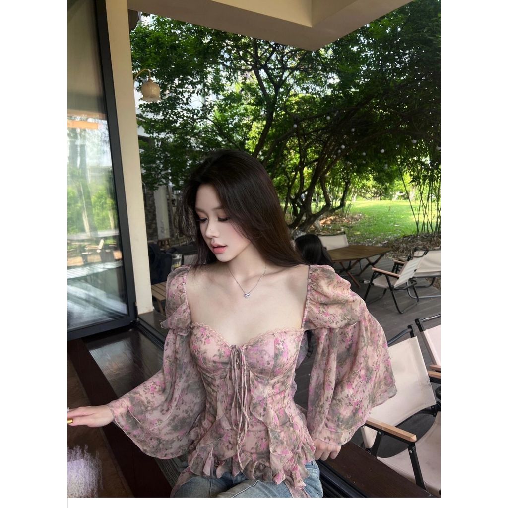 เสื้อชีฟองลายดอกไม้ไม่สม่ําเสมอแขนบานแคบ-เอว