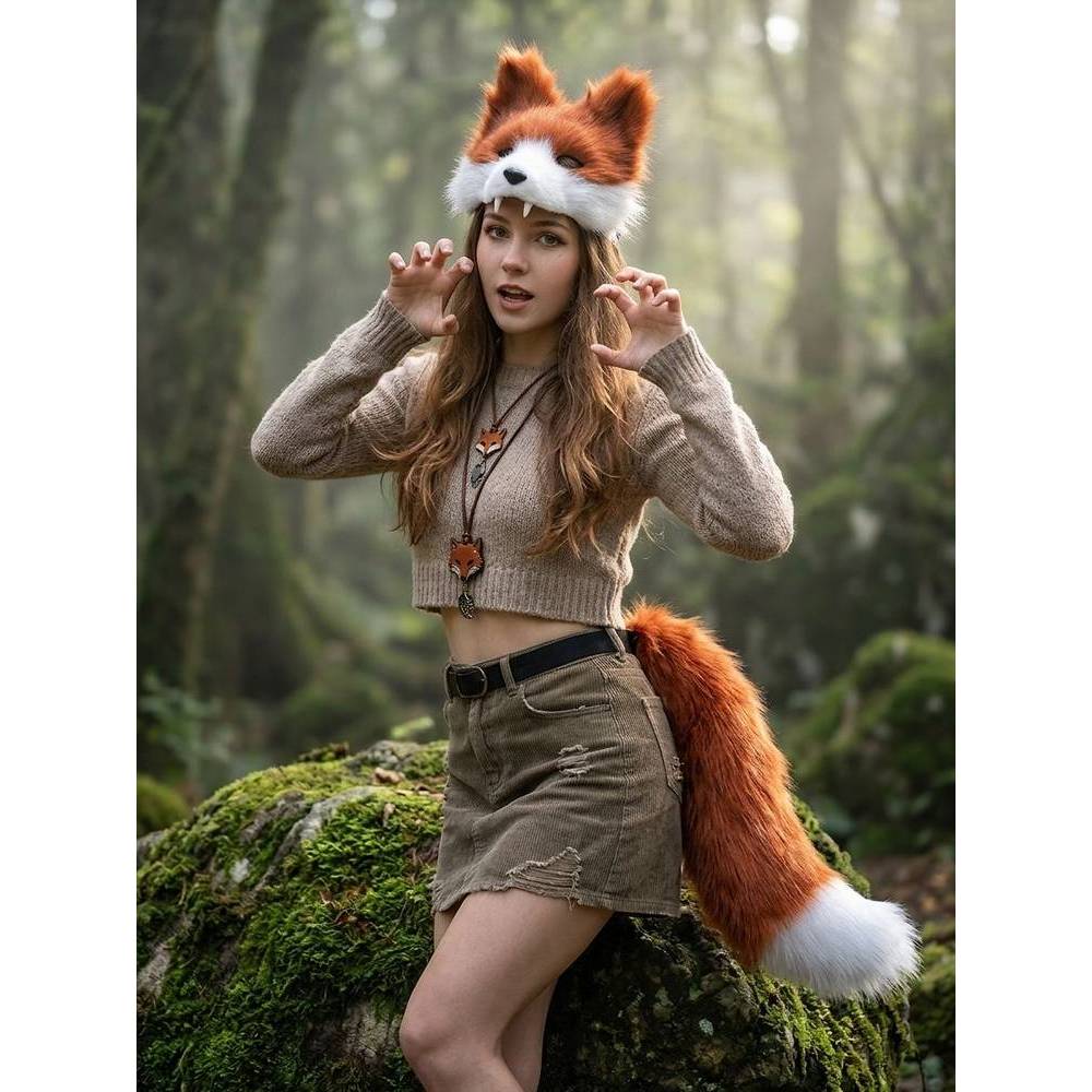 Dog Wolf Mask Beast Tail Cos Set Simulation Wolf Tooth Mask Wolf Tail Comic Show Accessories VVEj