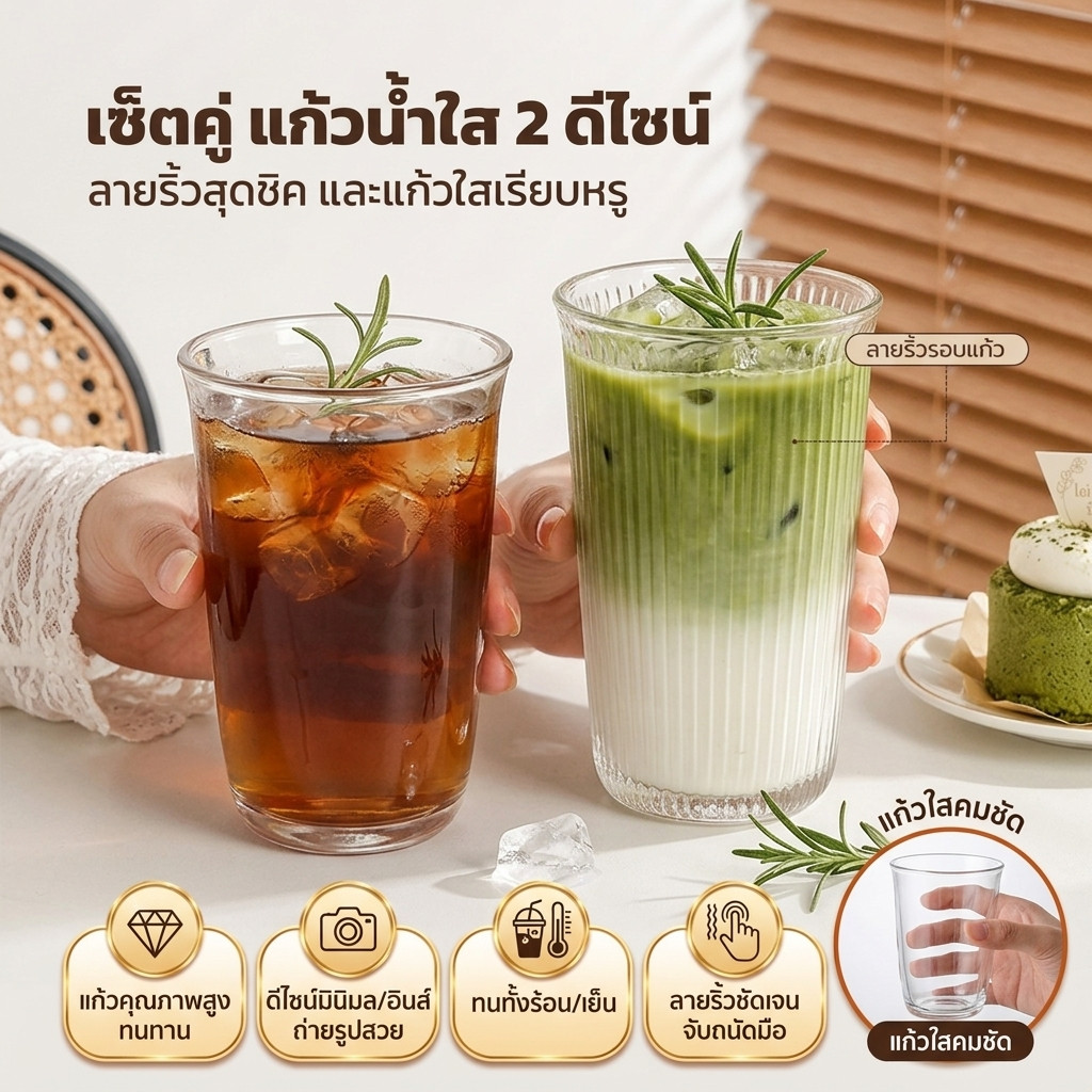 แก้วน้ำลายริ้ว แก้วใส 400ml แก้วกาแฟ แก้วนม แก้วชา แก้วน้ำเย็น สไตล์มินิมอล ถ่ายรูปสวย สไตล์เกาหลี