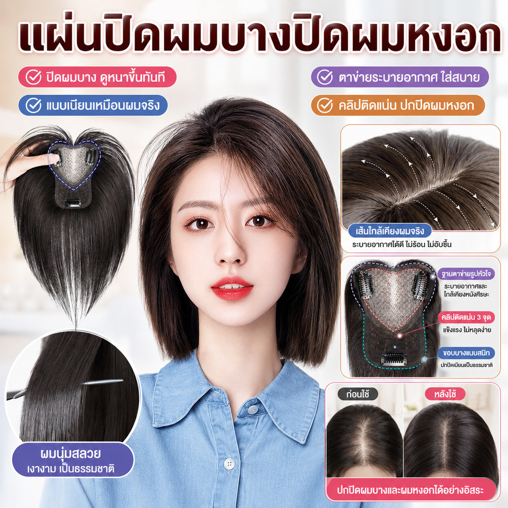 แผ่นปิดผมบาง + ปิดผมหงอก เพิ่มผมหนา มีหน้าม้า ปกปิดผมบางและผมหงอกทรงสูงธรรมชาติ