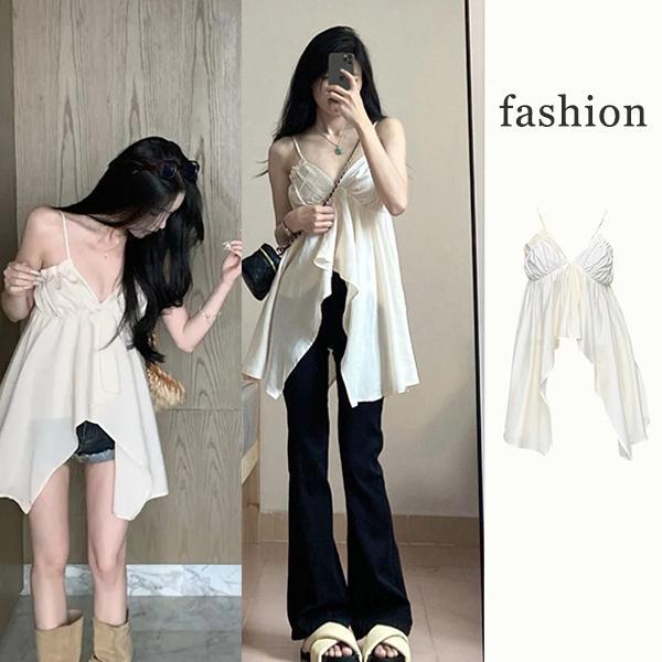 mimi#สายเดี่ยว เสื้อสายเดี่ยวคอวีระบายไม่เท่ากันสุดเซ็กซี่สำหรับฤดูร้อน สไตล์หวานอมเปรี้ยวโดปามีนสำหรับผู้หญิง#99505