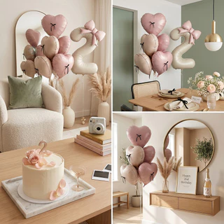 GeeParty ลูกโป่งฟอยล์ตัวเลข สีครีม พร้อมโบว์ ลูกโป่งหัวใจเรโทร 16 ชิ้น ตกแต่งวันเกิด ชุดปาร์ตี้วันเกิด ถ่ายรูปสวย