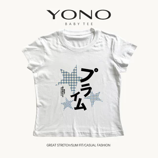 (พร้อมส่ง24ชม.) YONO baby tee สีขาว ลายดาวลายตารางและตัวอักษรญี่ปุ่น ทรงเข้ารูป ลุคเกาหลี y2k