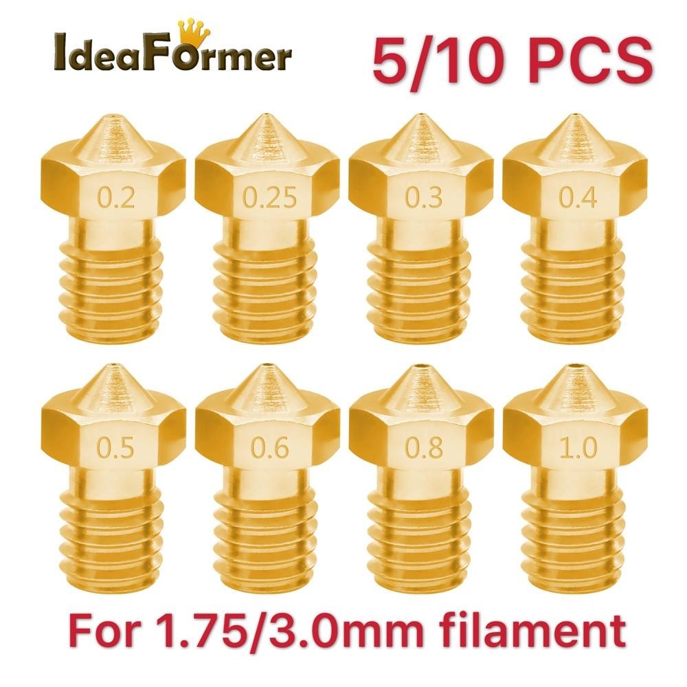 5/10pcs 3D Printer V6 M6 Threaded Brass Nozzle 0.2/ -1.0mm for 1.75mm Filament E3D V5 V6 Hotend Extr