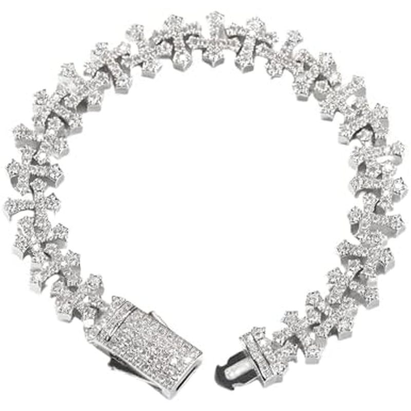 LUSSO 925 เงินสเตอร์ลิง Iced Out Cross สร้อยข้อมือผู้หญิงและผู้ชาย-5A + Iced Out Crosses Link Chain 