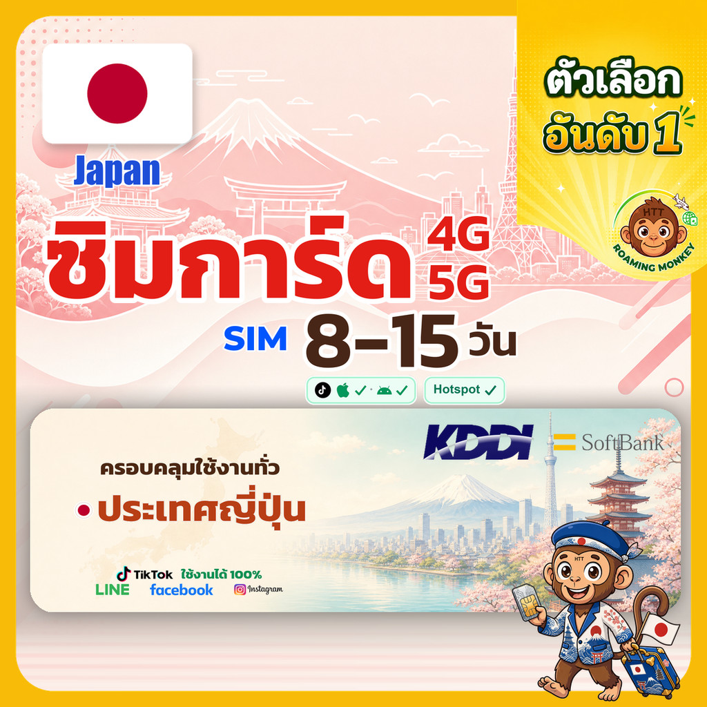 [SIM] Japan 4G/5G 8-15 วัน ซิมเดินทาง ท่องเที่ยว ญี่ปุ่น เครือข่าย SoftBank DOCOMO โดย RoamingMonkey