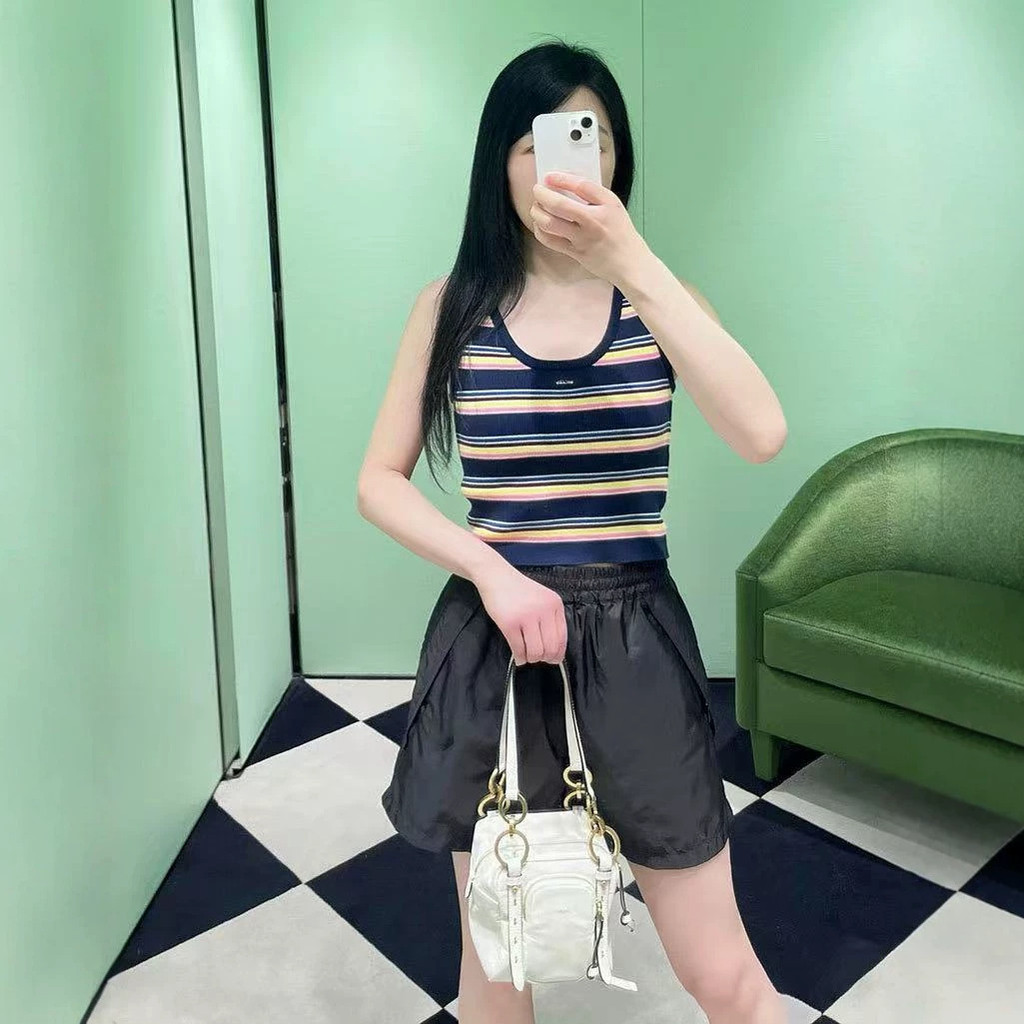 NELQ PD/ Women's Clothing26New stylish sweet girly colorful striped knitted short-sleeve top+Vest