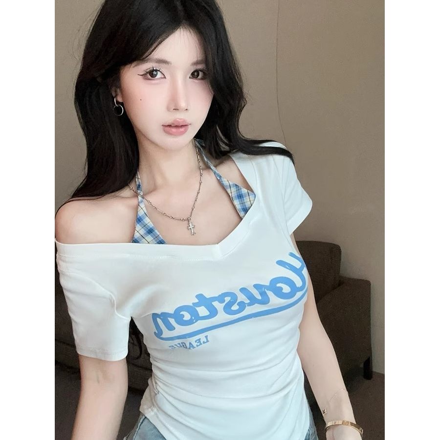 สาวร้อนปลอมสองชิ้นพิมพ์Halterneckลายสก๊อตLaced-Upคอสั้นออกแบบNiche Slim-Fitแขนสั้นเสื้อยืดผู้หญิงNUS