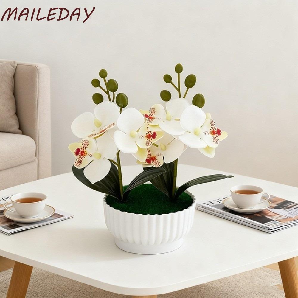 MAILE บอนไซกล้วยไม้ประดิษฐ์, ดอกไม้เทียมหลายบานจําลองกล้วยไม้ผีเสื้อ, DIY กระถางดอกไม้สีขาวพลาสติกดอกไม้ปลอมตกแต่งบ้าน