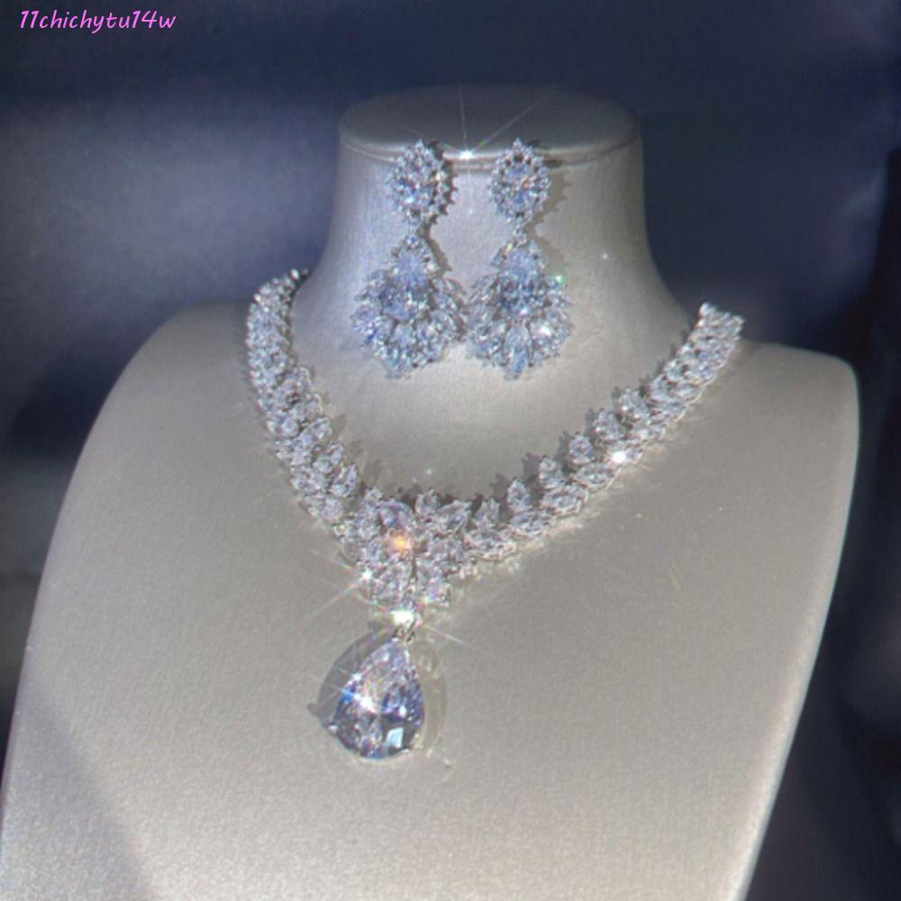 CHICHYTU14W ชุดเครื่องประดับเจ้าสาว, ชุดต่างหูสร้อยคอเงาทรงหยดน้ํา, Rhinestone หรูหราทนทานสีเงินโทนค