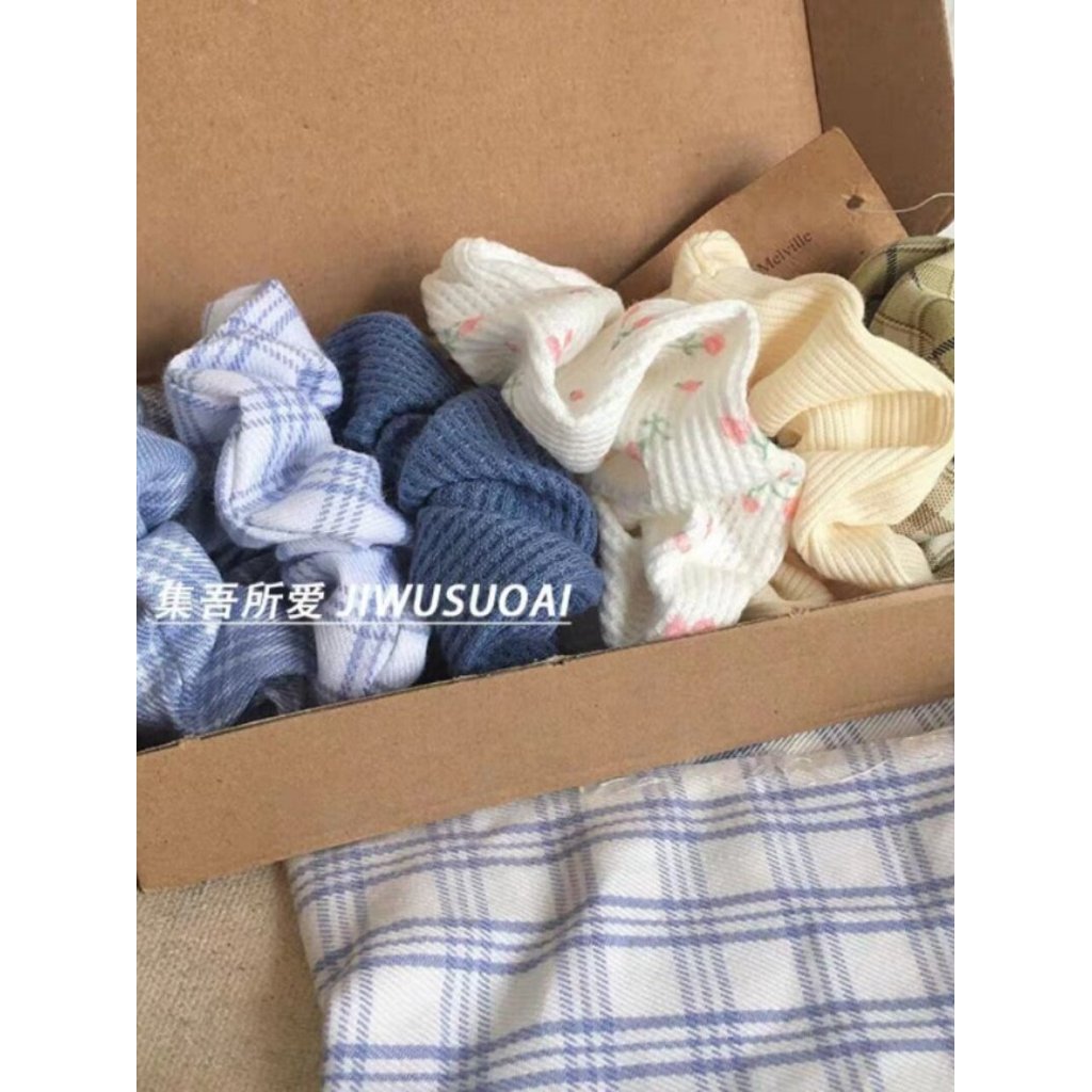 Brandy Brandy Girl ~ California BM สีฟ้าลายสก๊อตสีขาว IU Scrunchy ผม Tie ผมน่ารักเกาหลีอุปกรณ์เสริมผ