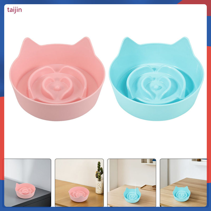2 ชิ้นหูแมวน่ารักช้าชามให้อาหารพลาสติกอาหารสัตว์เลี้ยงแผ่น Non-Skid ฐาน Vibrant Candy สี taijin