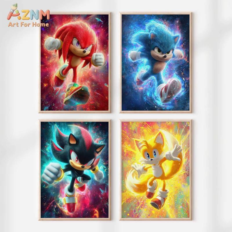 ชุดโปสเตอร์ Sonic Wall Art - Sonic, Tails, Knuckles & Shadow Prints - Boys Sonic Room Decor