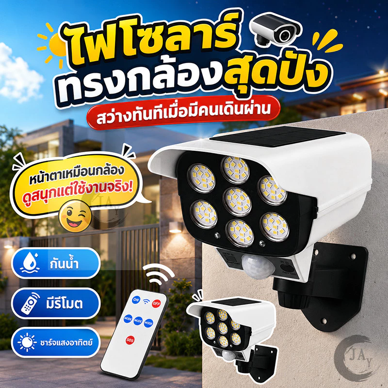 ไฟโซล่าเซลล์ 77LED Solar SensorLight การออกแบบการตรวจสอบแบบอะนาล็อก สไตล์กล้องวงจรปิด ไฟติดผนัง 3โหมด พร้อมรีโมทคอนโทล
