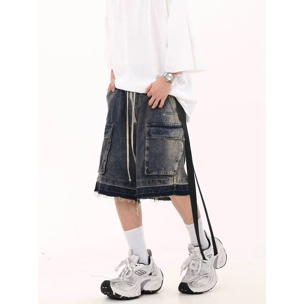 American High Street vibe Washed Distressed Destruction Frayed Denim Shorts Street Wear Multi-pocket