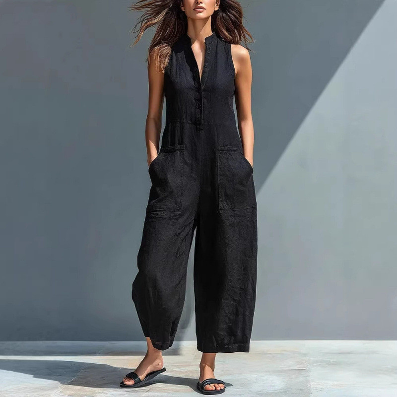 2026 Amazon temu Casual สุภาพสตรีแขนกุดยืนปกกระเป๋า Jumpsuit ยืนอิสระ