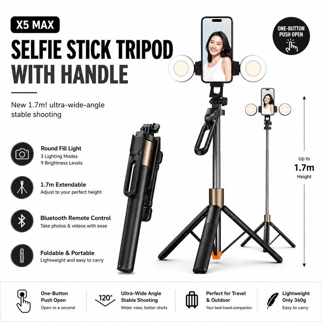 ขาตั้งกล้อง X5 Max 1.7M Selfie Stick ขาตั้งกล้องพร้อมที่จับ One-Button เปิด Dual รอบเติมแสงบลูทูธระย