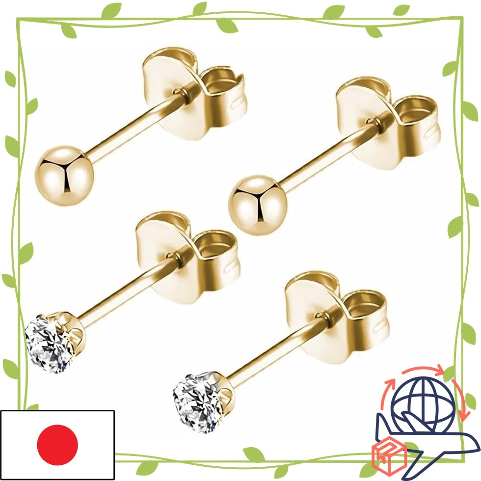 【Direct From Japan】[3mm Gold / 2 Pairs] Invisible Surgical Stainless Second Piercing Studs CZ 【Sakur